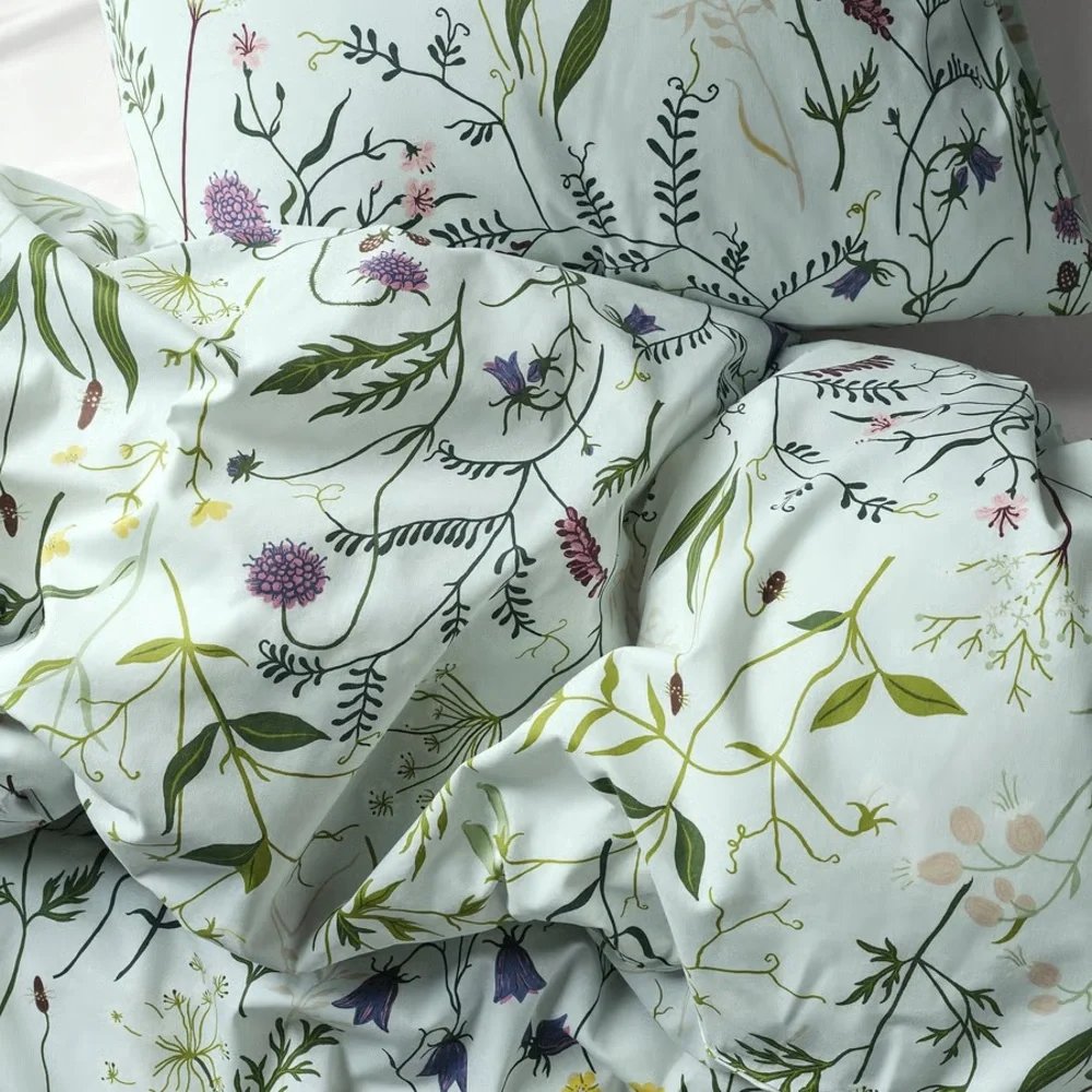 Floral Meadow Cotton Duvet Cover Set - Light Blue